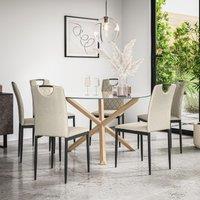 More4Homes Malvern Round Dining Table & Chairs - Clear Glass Table Top w Solid Oak Legs + Monza Fabric Dining Chair Set Of 6 in Beige