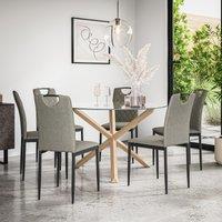 More4Homes Malvern Round Dining Table & Chairs - Clear Glass Table Top w Solid Oak Legs + Monza Fabric Dining Chair Set Of 6 in Grey
