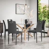 More4Homes Malvern Round Dining Table & Chairs - Clear Glass Table Top w Solid Oak Legs + Monza Fabric Dining Chair Set Of 6 in Charcoal