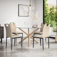 More4Homes Malvern Round Dining Table & Chairs - Clear Glass Table Top w Solid Oak Legs + Monza Faux Leather Dining Chair Set Of 4 in Beige