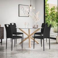More4Homes Malvern Round Dining Table & Chairs - Clear Glass Table Top w Solid Oak Legs + Monza Faux Leather Dining Chair Set Of 4 in Black