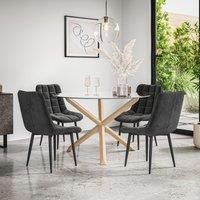 More4Homes Malvern Round Dining Table & Chairs - Clear Glass Table Top w Solid Oak Legs + Nova Velvet Dining Chair Set Of 4 in Black
