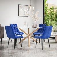 More4Homes Malvern Round Dining Table & Chairs - Clear Glass Table Top w Solid Oak Legs + Nova Velvet Dining Chair Set Of 4 in Blue