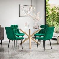 More4Homes Malvern Round Dining Table & Chairs - Clear Glass Table Top w Solid Oak Legs + Nova Velvet Dining Chair Set Of 4 in Green