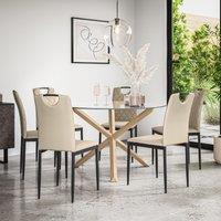 More4Homes Malvern Round Dining Table & Chairs - Clear Glass Table Top w Solid Oak Legs + Monza Faux Leather Dining Chair Set Of 6 in Beige