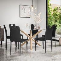 More4Homes Malvern Round Dining Table & Chairs - Clear Glass Table Top w Solid Oak Legs + Monza Faux Leather Dining Chair Set Of 6 in Black