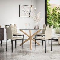 More4Homes Malvern Round Dining Table & Chairs - Clear Glass Table Top w Solid Oak Legs + Monza Fabric Dining Chair Set Of 4 in Beige