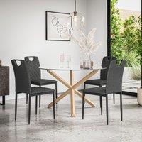More4Homes Malvern Round Dining Table & Chairs - Clear Glass Table Top w Solid Oak Legs + Monza Fabric Dining Chair Set Of 4 in Charcoal