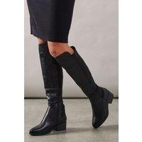 Wallis Women's Wide Fit Hannah Stretch Back Almond Toe Low Heel Knee Boots in Black | Size: 5
