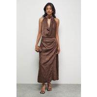 Warehouse Women's Satin Jacquard Halter Keyhole Front Midi Dress in Chocolate | Size: 18