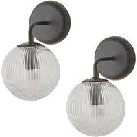 ValueLights Kempton Pair of Ribbed Glass Globe Shade Wall Lights with Bulbs in Black