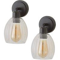 ValueLights Cheltenham Pair of Ribbed Glass Dome Spotlight Wall Lights with Bulbs in Black