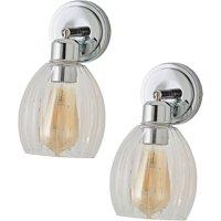 ValueLights Cheltenham Pair of Ribbed Glass Dome Spotlight Wall Lights with Bulbs in Metallic Silver