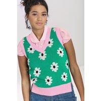 Hell Bunny Women's Kitsch Daisy Knitted Floral Vest Top Green | Size: 3XL