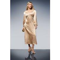 Dorothy Perkins Women's DP Luxe Button Detail Blouson Sleeve Satin Midaxi Dress in Gold | Size: 14