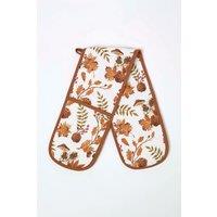 Homescapes Autumn Woodland 100% Cotton Double Oven Glove - Brown Leaf Print in Beige