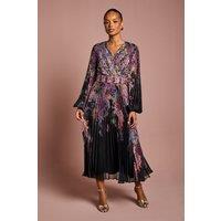 Coast Women's Petite Placement Print Long Sleeve Chiffon Pleated Wrap Dress in Black | Size: 8