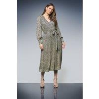 Wallis Women's Animal Metallic Tie Waist Midi Dress in Green | Size: 16