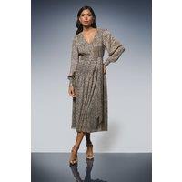 Wallis Women's Animal Metallic Tie Waist Midi Dress in Chocolate | Size: 18