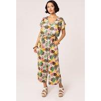 Hell Bunny Women's Benita Cropped Culottes Floral Jumpsuit in Beige | Size: 5XL
