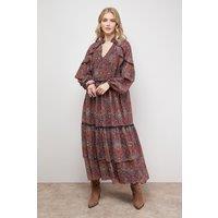 Oasis Women's Printed Cape Detail Lace Trim Boho Maxi Dress in Brick Red | Size: 10