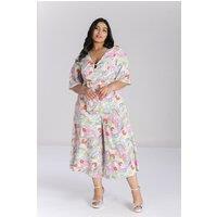 Hell Bunny Women's Happy Daze Printed Pastel Base Flared Sleeves Floral Jumpsuit in Beige | Size: Small