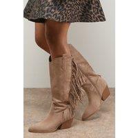 Oasis Women's Myra Faux Suede Fringe Detail Western Cowboy Calf Boots in Taupe | Size: 6