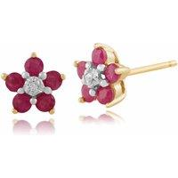 Gemondo Women's 9ct Yellow Gold Floral Round Ruby & Diamond Cluster Stud Earrings in Red