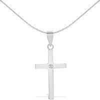 Jewelco London 18ct White Gold 0.03ct Diamond Minimalist Solitaire Cross Pendant in Silver