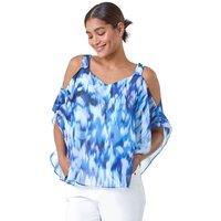 Roman Women's Abstract V-Neck Cold Shoulder Overlay Top in Blue | Size: 10