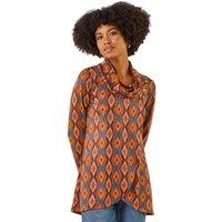 Roman Women's Abstract Print Cowl Neck Top in Orange | Size: 12