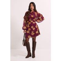 Dorothy Perkins Women's Petite Brown Frill Detail Blouson Sleeve Mini Dress | Size: 6