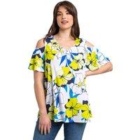 Roman Women's Curve Floral V-Neck Cold Shoulder Tunic Top in Lime | Size: 30-32