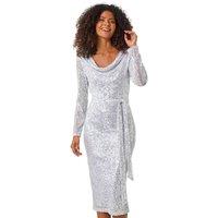 Dusk Women's Sequin Cowl Neck Pencil Stretch Dress in Silver | Size: 10