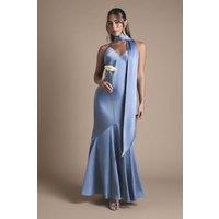Oasis Women's By Coast Satin Scarf Detail Strappy Maxi Bridesmaid Dress in Dusty Blue | Size: 10