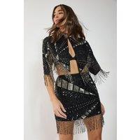 NastyGal Women's Hand Embellished Panelled Tassel Sequin Mini Skirt in Black | Size: 8