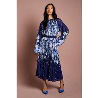 Coast Women's Long Sleeve Floral Pleated Georgette Midi Dress in Navy | Size: 8