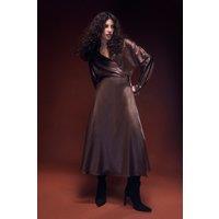 Wallis Women's Textured Satin Wrap Midi Dress in Chocolate | Size: 20