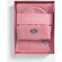 Juicy Couture Women's Boxed Chunky Knit Beanie & Scarf Set With Dog Crest Woven Badge Branding Juicy Pink