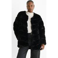 Gini London Women's Black Diagonal Cut Faux Fur Long Sleeve Jacket | Size: S/M