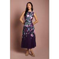 Coast Women's Structured Satin Placement Print Pleated Skirt Midi Dress in Berry | Size: 10