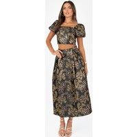 Maya Deluxe Women's Floral Jacquard Pleated Midi Skirt in Navy | Size: 12