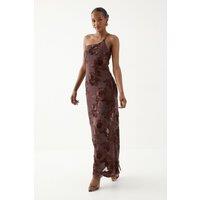 MissPap Women's Asymmetric Neckline Floral Textured Maxi Dress in Chocolate | Size: 12