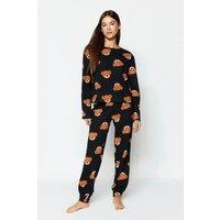 HOXTON GAL Women's 100% Cotton Knitted Teddy Bear Print Pyjama Set in Black | Size: XS