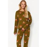 HOXTON GAL Women's 100% Cotton Knitted Teddy Bear Print Pyjama Set in Khaki | Size: XS