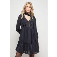 Oasis Women's Ruched Bow Tie Mini Dress With Stud Trim in Black | Size: 16