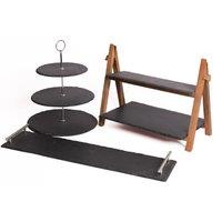 Artesa 3pc Slate Serveware Set with 3-Tier Serving Stand, Platter & 2-Tier Slate & Wood Serving Stand in Black