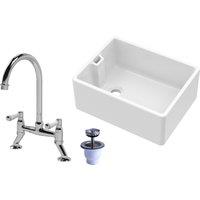 Balterley 1 Bowl Fireclay Belfast Sink Basket Strainer Waste Sink Mixer Tap in White