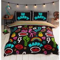 Rapport Home Be Happy Neon Polycotton Duvet Cover Set & Pillowcase in Black | Size: Single