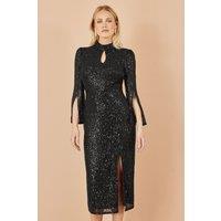 Yumi Women's Black Sequin Fitted Midi Dress With Flute Sleeves | Size: 8